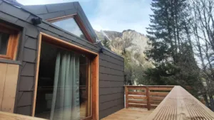  - Gamme Chrystal - Chalet Cime - 18 m² - woonkamer/keuken, 1 slaapkamer, 1 badkamer - Camping Les Lanchettes