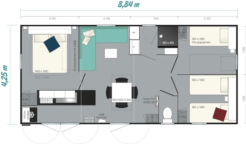 Mobil Home Climatisé - 34M² - 3 Chambres
