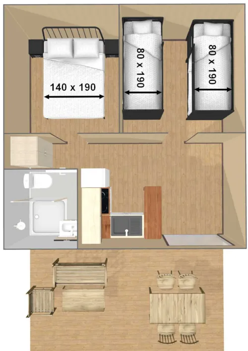 Mietunterkunft - Lodge Insolite Premium Pagan - 2 Schlafzimmer - Sanitäranlagen - 30 M² Und 25 M² Terrasse - image n°10 - Ushuaïa Villages - Camping l'Oasis *****