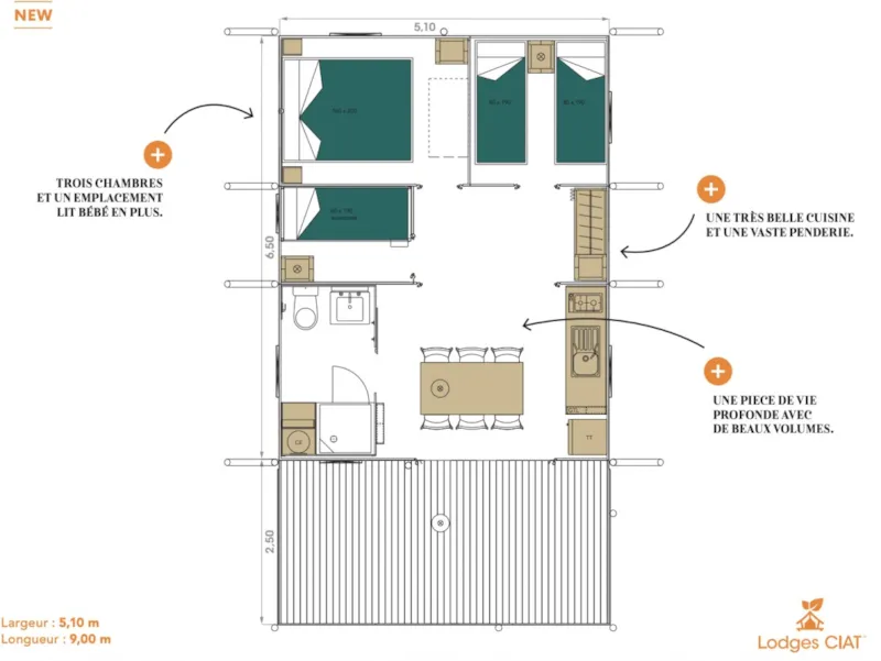 Tente Lodge Camelia 3 Chambres 1 Salle De Bain ***