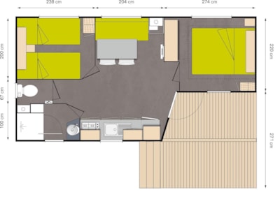 Mobile Home pêcheur Confort+ 20m² 4 pers (2 bedrooms) with covered terrace