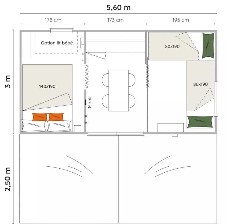 Bungalow toilé 2 chambres sans sanitaire