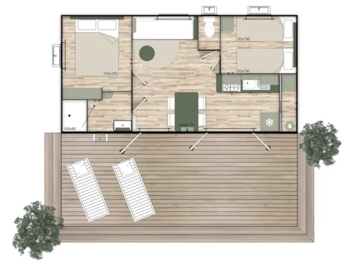 Huuraccommodatie(s) - Premium Luxe View Rhone M.Home 4 Pers. 32 M2, 2 Bedrooms, Bathroom, Wc, Large Terrace, Air Conditi - image n°9 - Camping Le Rhône