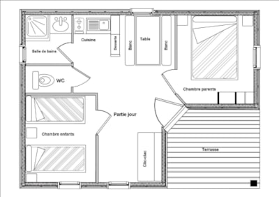 Chalet 32m² / 2 bedrooms with a large terrace overlooking the river Lot.