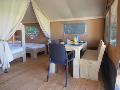 Wood PREMIUM Tent, 30 m² - 2 bedrooms, 10 m² covered patio - no bathroom facilities