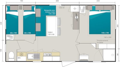 Mobile home Confort + 28m² (2 bedrooms) + sheltered terrace 10m²