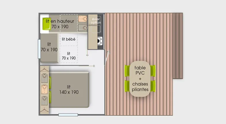 Mobile-Home Toilé Tithome 21M² - Standard - 2 Chambres - Sans Sanitaire - Terrasse Toilée