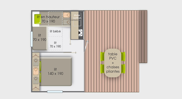 Mobile-Home Toilé Tithome 21M² - Standard - 2 Chambres - Sans Sanitaire - Terrasse Toilée