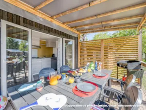  - NEW // Homeflower Premium 29m²PMR (2ch) + terrasse + TV + LV + Clim + Draps + Serviettes - Flower Camping Mas de Champel