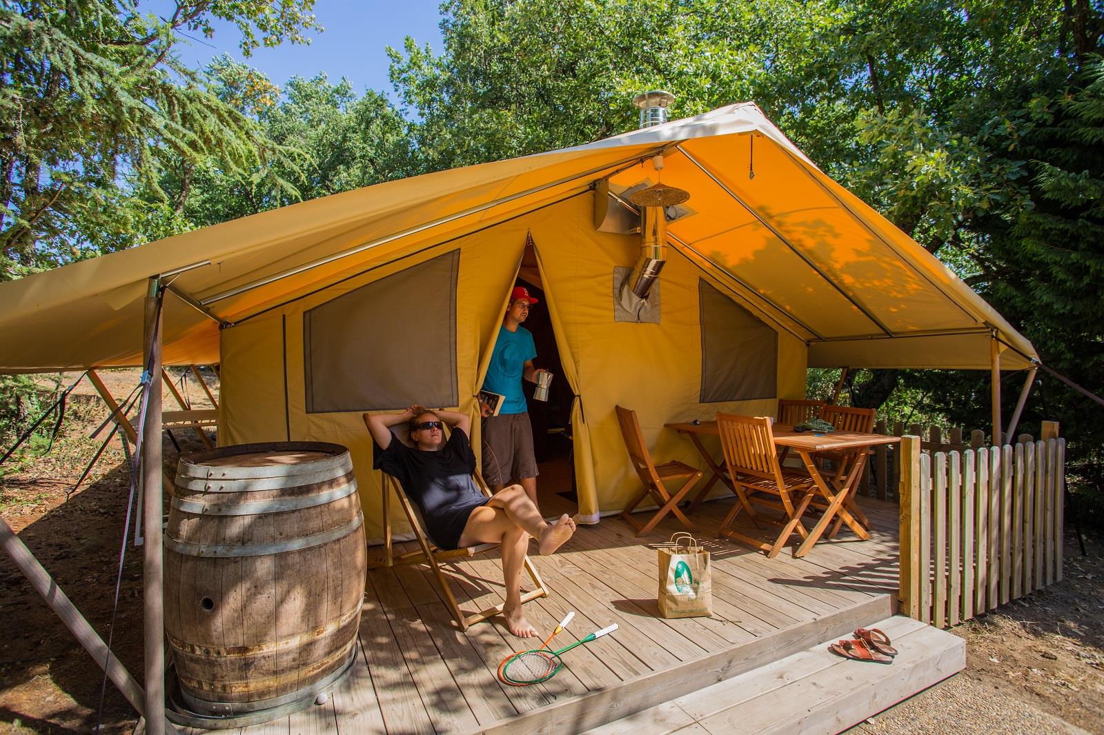 Accommodation - Tent Wine Lodge With Cozy Comfort For Evenings Around A Wood Stove - Camping Bel'époque du Pilat