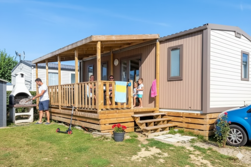 NEW // Mobilheim Premium 32m² (3 Zimmer) + Überdachte Terrasse + TV + Klima + BBQ