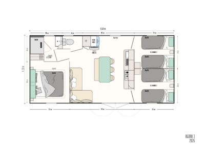 Premium 33-square-meter mobile home (3 bedrooms) + deck + BBQ