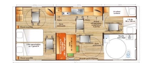 Mobil-home HELIOSvoor mindervaliden 2 bedrooms + Tv + opened terrace + wifi for 1 device
