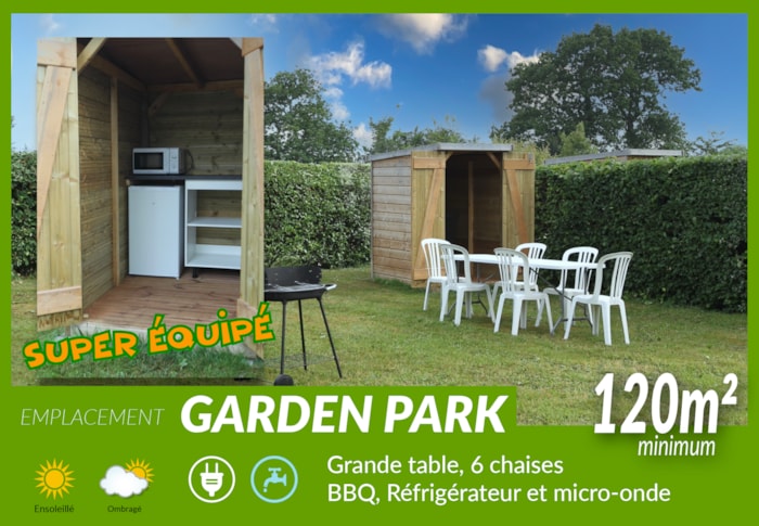 Emplacement Garden Park Xxl 130M² Avec Abris De Jardin,Barbecue, Micro-Ondes, Frigo, Salon De Jardin, Parasol