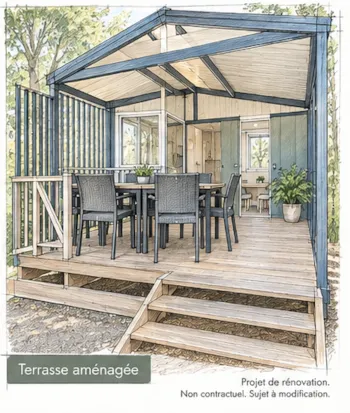 Mietunterkunft - Chalet „4 Confort“ (Klimaanlage, Fernseher) - Camping Resort Les Champs Blancs