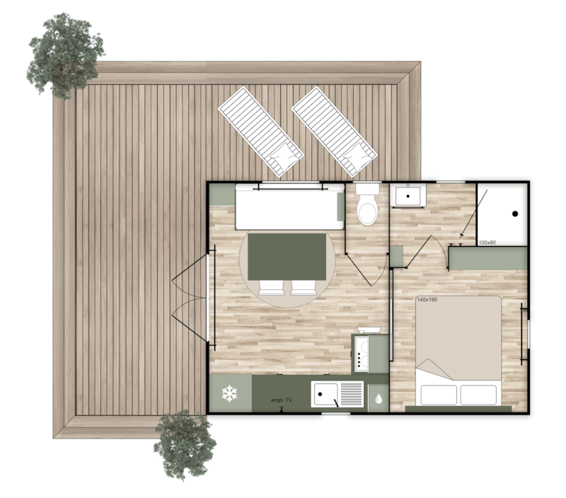 MOBIL HOME Premium Airconditioning - TV - Afwasmachine - 1 bed - 20m²/ Santoline