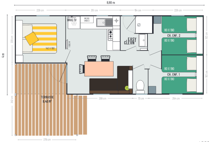 Mobilhome Loggia Confort 27,6M² (3Ch-6Pers) + Terrasse Couverte 8M² + Tv + Clim