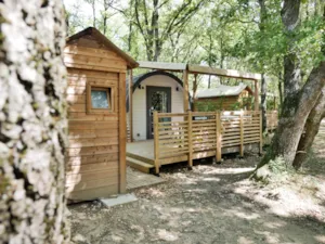 Locatif - Barrel "Cocon" confort 15m² (1 chambre - 2/4pers.) + Terrasse couverte 9m² + TV - Flower Camping LES TRUFFIERES