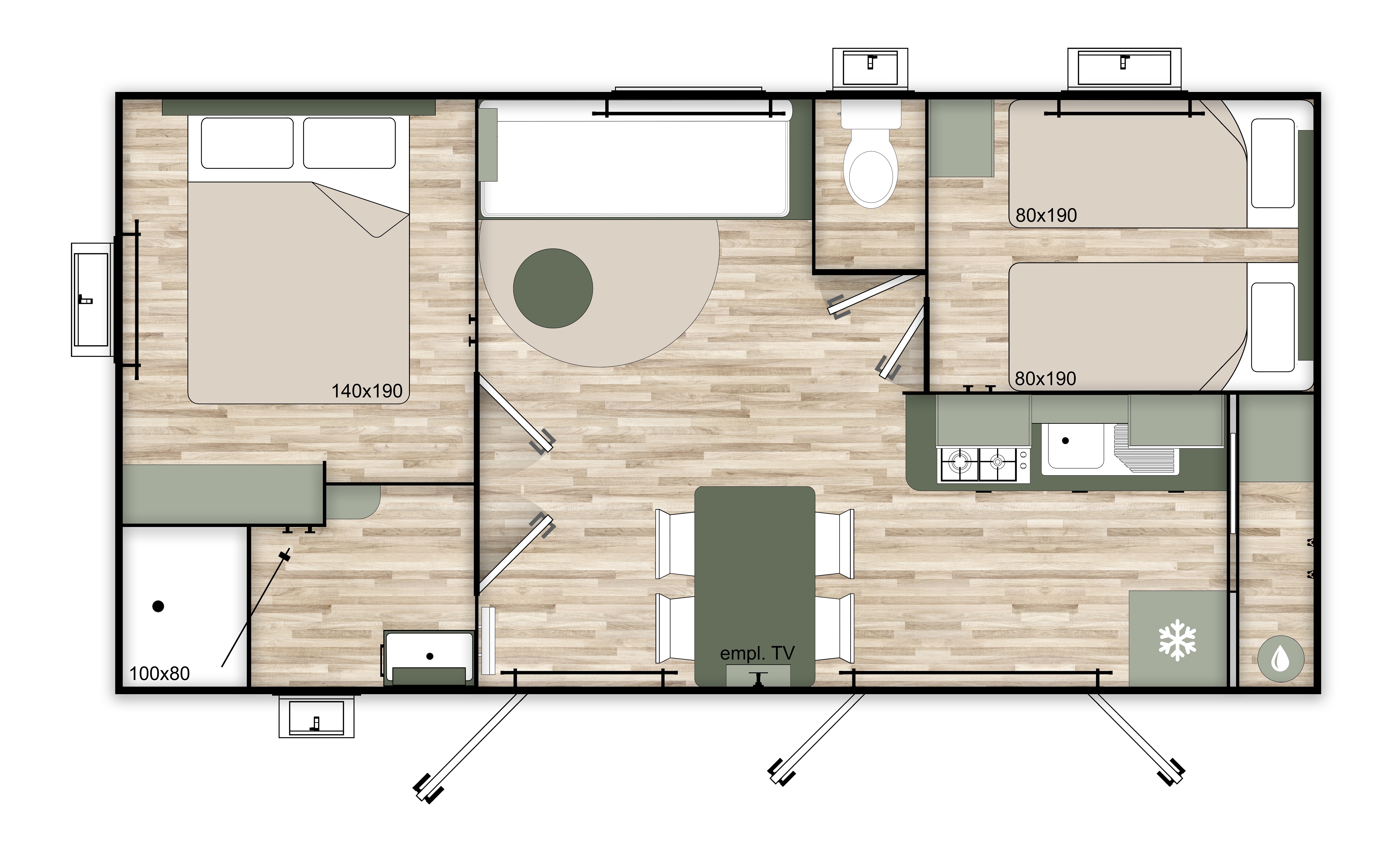 Location - Mobil-Home Premium 29 M² 2 Chambres Terrasse Semi-Couverte + Climatisation + Lv - Flower Camping Les Rives de l'Aygues
