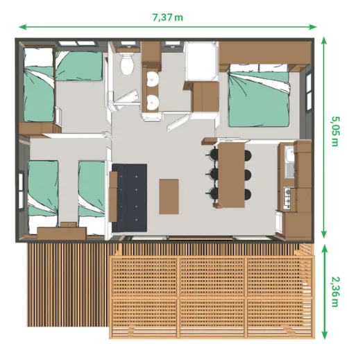 Accommodation - Chalet Confort 35M² 3 Bedrooms Half-Covered Terrace + Air-Conditioning - image n°4 - Flower Camping Les Rives de l'Aygues