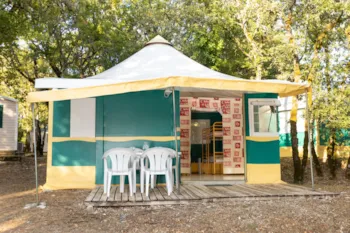Mietunterkunft - Naturzelt – 2 Schlafzimmer- Ausgestattete Küche – Badezimmer - Camping Les Reflets du Quercy