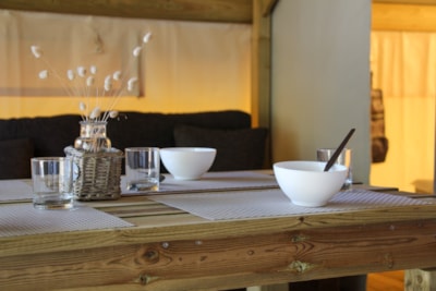 Tent ECOLODGE 21m² - 2 bedrooms - without toilet blocks (2019) semi covered wooden terrace