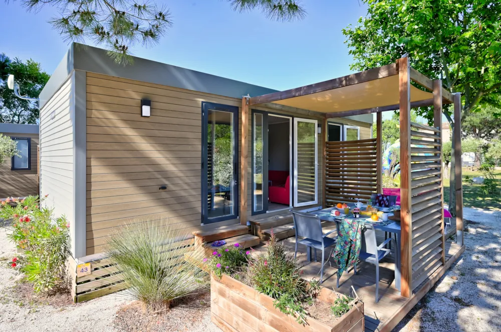 Location - Mobil-Home Oranger Premium 33M2 (2 Chambres) Terrasse Couverte 19M2- 2 Sdb + Lv + Tv + Climatisation - Flower Camping Le Mas de Mourgues