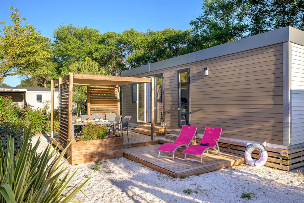 Location - Mobil-Home Laurier Rose Premium (3 Chambres) 33M2 - Terrasse Couverte  19M2+ Lv + Tv + Climatisation - Flower Camping Le Mas de Mourgues