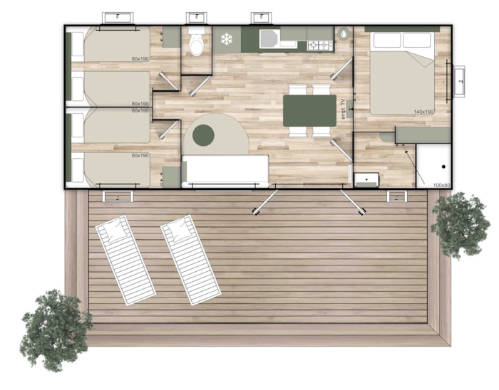 New - Home Flower Premium 35 M² (3 Ch - 6Pers.)+ Terrasse Semi-Couverte 18M² + Lv + Tv + Plancha