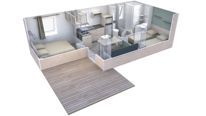 Mobil-Home Evo Premium 23M² (2 Chambres) + Terrasse Intégrée 7M² + Clim + Tv + Lv