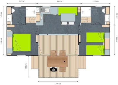 Mobil-home LE PATIO Standard 29m² (2bed-4pers) + 2SDB + integrated terrace 11m²+ TV