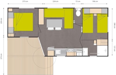 Mobil-home Le Châtaignier Standard 29m² (2bed-4p) + semi-covered terrace 7m²+ TV (Dim)