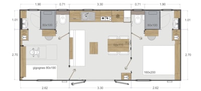 Mobil-home Olivier Premium 32m² (2bed-4pers) + 2SDB + semi-covered terrace ?m² + LV + CLIM (Sam)