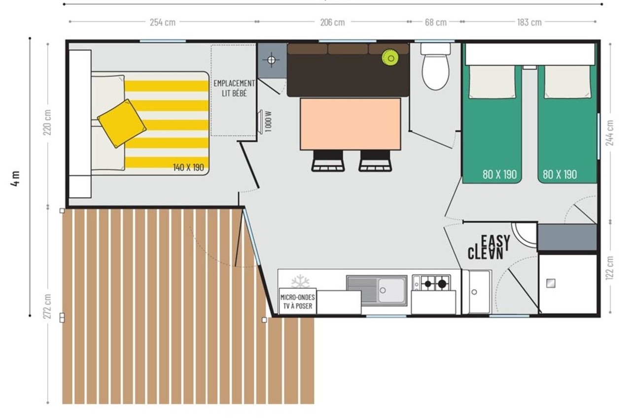 Le cottage 2 chambres - 22 m² - 4 personnes (2 adultes max) - Animaux non acceptés.  Terrasse 7 m² .
