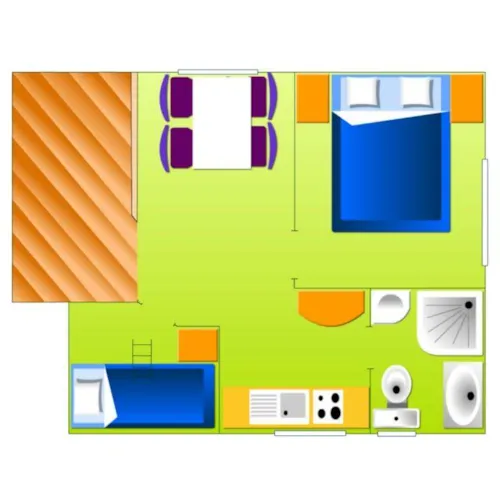 Location - Chalet Standard Trianon 20M²  2 Chambres - Terrasse Couverte + Climatisation - image n°6 - Flower Camping Le Plan d'Eau - Ardèche