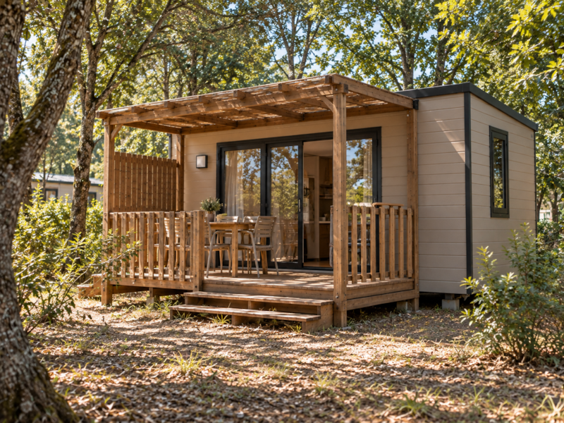 MOBILHOME DUO NATURE - 1 SLAAPKAMER - 28 m² TERRAS 10 m² - 1 BADKAMER - AIRCONDITIONING - TV