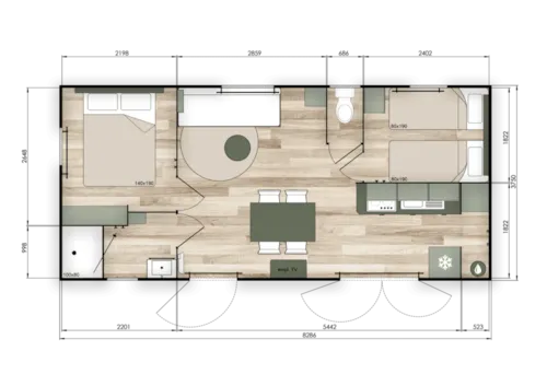 Accommodation - Comfort Mobile Home - 2 Bedrooms - Air Conditioning - Television - Covered Wooden Terrace - image n°2 - CAMPING LE CHASSEZAC