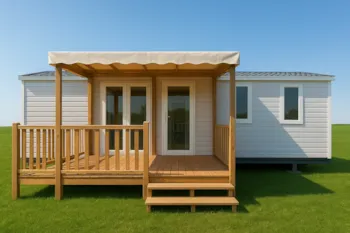 Mietunterkunft - Komfortables Mobilheim – 3 Schlafzimmer – Klimaanlage – Fernseher – Überdachte Holzterrasse - CAMPING LE CHASSEZAC