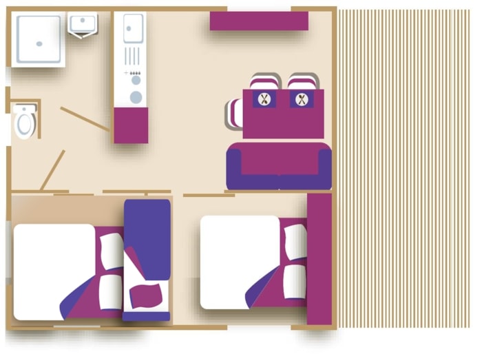 Chalet Confort "Nouméa" 25M² - 2 Chambres (Modèle 1) - Terrasse Couverte + Tv