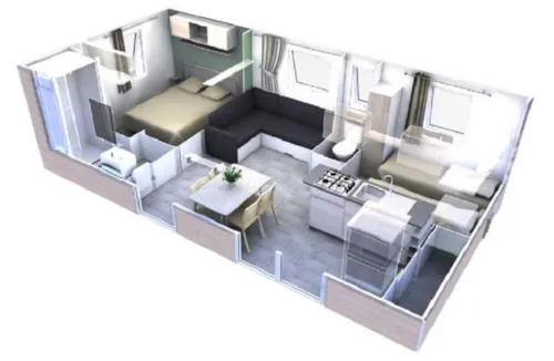 Huuraccommodatie(s) - Stacaravan 2 Slaapkamers, Evo29 + Airco - image n°5 - Camping Le Sous-Bois Ardèche