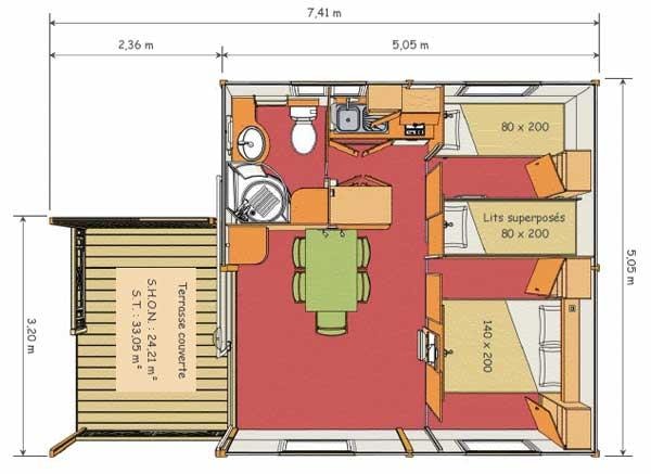 Chalet 25M² Confort - 2 Chambres + Terrasse Couverte + Tv