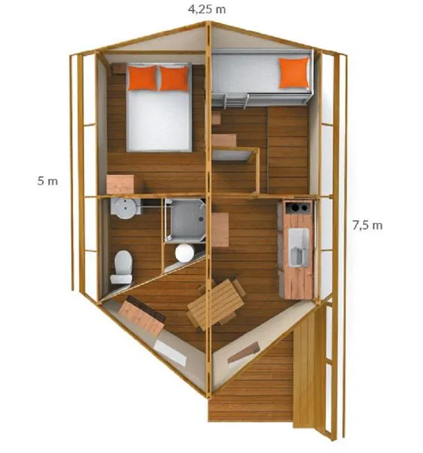 Tente Lodge, 21M²,  Avec Sanitaire, 4 Pers