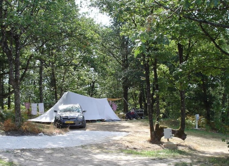 Rustige XL Kampeerplaats Sémillion met schaduw - in het bos, alleen voor caravan of tent, 100 tot 120 m², elektriciteit inbegrepen