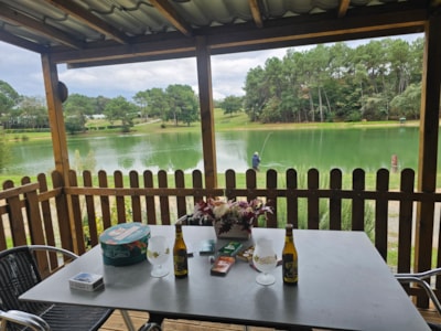 Cabin in front of the pond