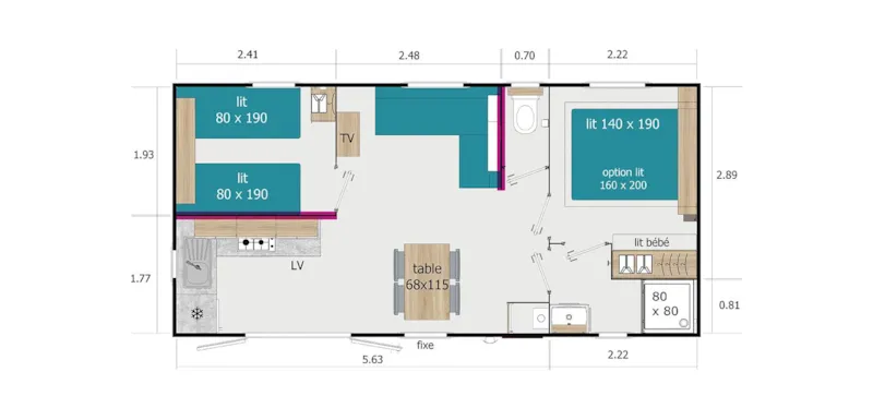 Mobil-Home 4 Places Premium · 2 Chambres Tv · Terrasse Bois Semi-Couverte · 29M²