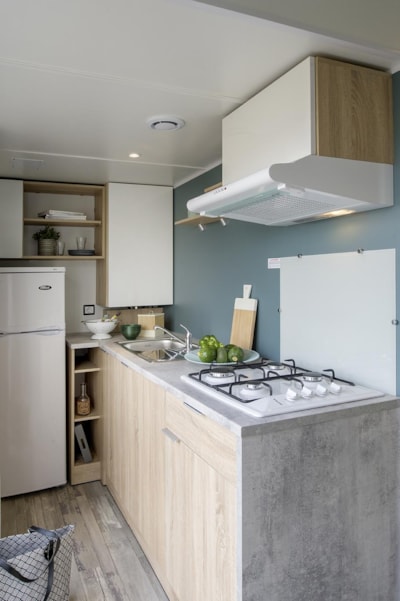 Premium 4-seater mobile home · 2 TV bedrooms · Semi-covered wooden terrace · 29m² — 3