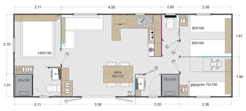 Mobil-Home 6 Places Premium · 3 Chambres, 2 Sde, Clim, Tv · Terrasse Bois Semi-Couverte · 37M²