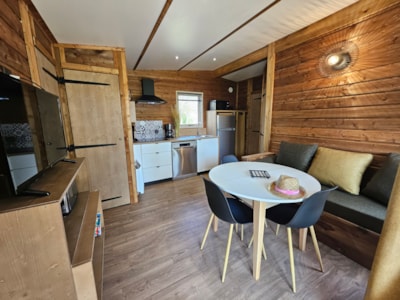 56 m² Premium mobile home (3 bedrooms) with semi-covered terrace + Air conditioning + TV + LV + Plan