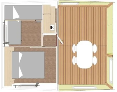 Location - Bungalow Toilé - Sans Sanitaires. 1 Chambre Lit Double, 1 Chambre 3 Couchages (1 Superposé) - image n°6 - Camping Le Colombier