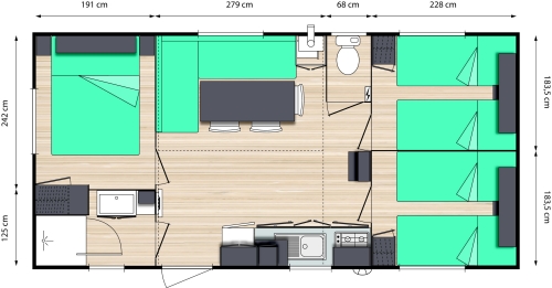 Mietunterkunft - Mobilheim Confort 29M² 3 Zimmer + Überdachte Terrasse - Flower Camping Le Château